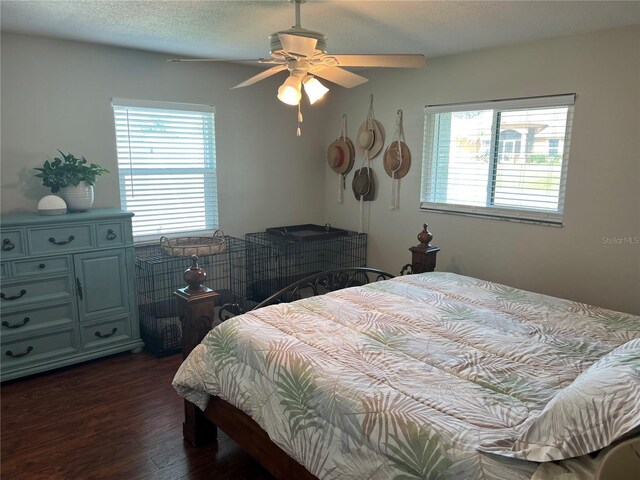 bedroom with dark hardwood / wood-style floors, a textured ceiling, and ceiling fan