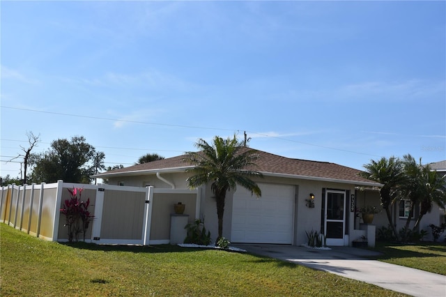 ranch-style house featuring a garage and a front lawn