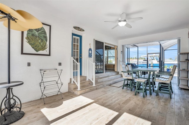 dining area with ceiling fan and light hardwood / wood-style floors