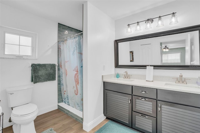 bathroom featuring toilet, hardwood / wood-style floors, vanity, and walk in shower