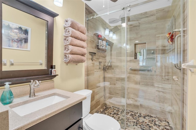 bathroom featuring a shower with door, vanity, and toilet