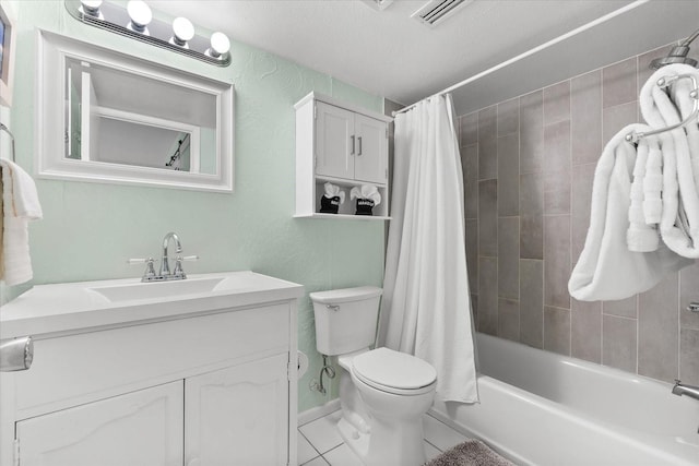 full bathroom featuring shower / bathtub combination with curtain, tile patterned flooring, a textured ceiling, toilet, and vanity