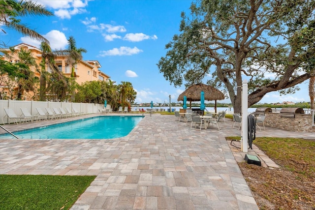 view of swimming pool with area for grilling, a patio area, and exterior kitchen