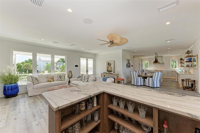 interior space with ceiling fan, plenty of natural light, crown molding, and light wood-type flooring