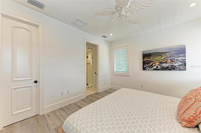 bedroom featuring ceiling fan and light hardwood / wood-style flooring