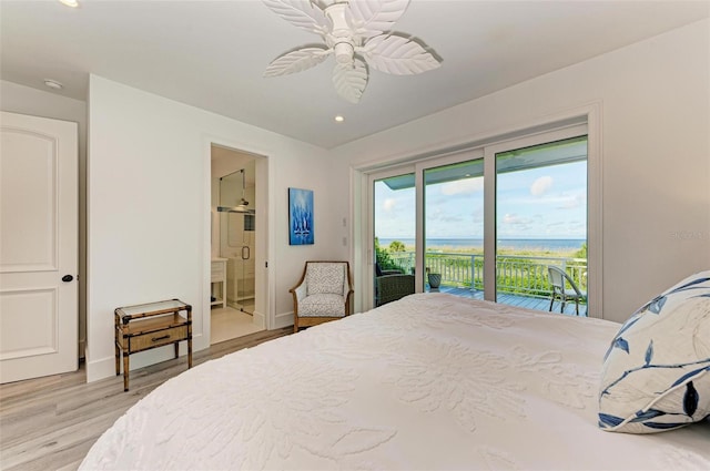 bedroom featuring access to outside, ceiling fan, light hardwood / wood-style flooring, and ensuite bathroom