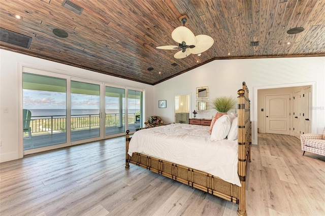 bedroom featuring access to exterior, light wood-type flooring, wood ceiling, vaulted ceiling, and a water view