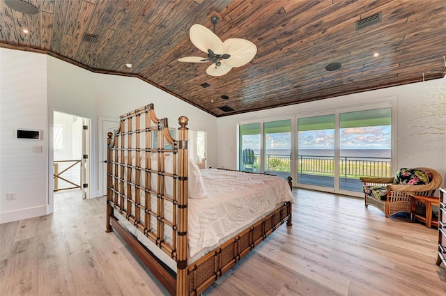 bedroom with access to outside, vaulted ceiling, ceiling fan, light wood-type flooring, and wood ceiling