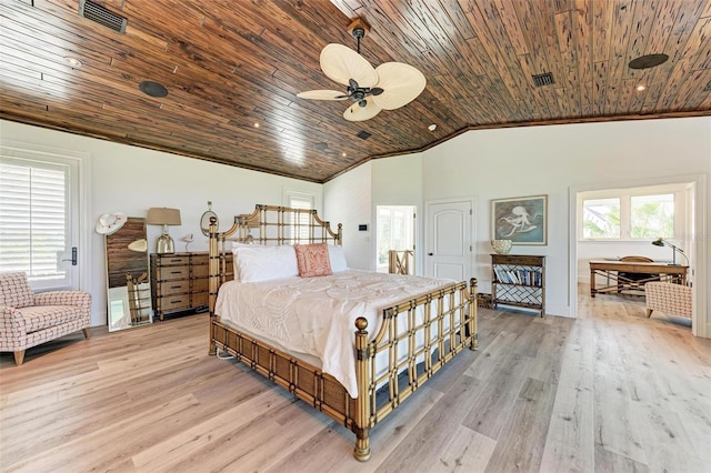 bedroom featuring ceiling fan, light wood-type flooring, wood ceiling, and lofted ceiling