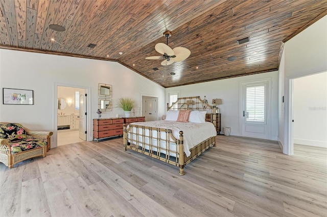 bedroom with light hardwood / wood-style floors, ceiling fan, and wooden ceiling