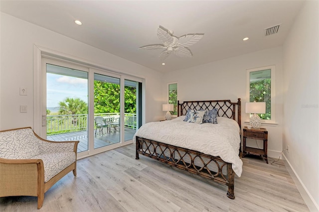 506 S Casey Key Rd, Nokomis, FL 34275 - bedroom featuring light wood-style floors, access to exterior, recessed lighting, ceiling fan, and baseboards