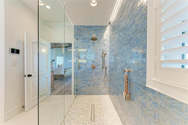 506 S Casey Key Rd, Nokomis, FL 34275 - full bath featuring ensuite bathroom, tile patterned flooring, a walk in shower, and recessed lighting