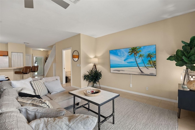 living room with ceiling fan