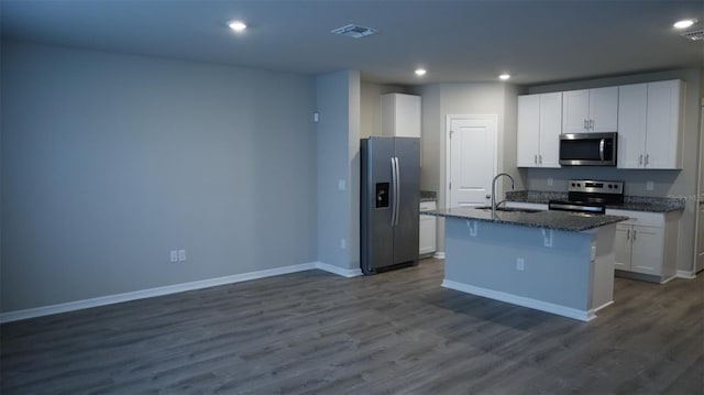 kitchen featuring appliances with stainless steel finishes, sink, white cabinetry, and an island with sink