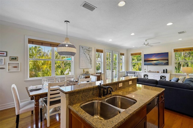 kitchen with light stone countertops, sink, hanging light fixtures, and a center island with sink