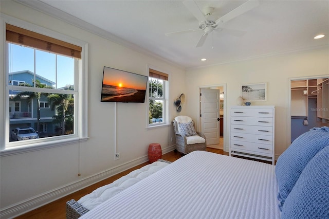 bedroom with a spacious closet, ceiling fan, dark hardwood / wood-style floors, a closet, and ornamental molding