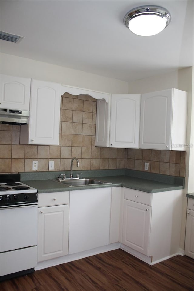 kitchen with sink, white cabinetry, electric range, and exhaust hood