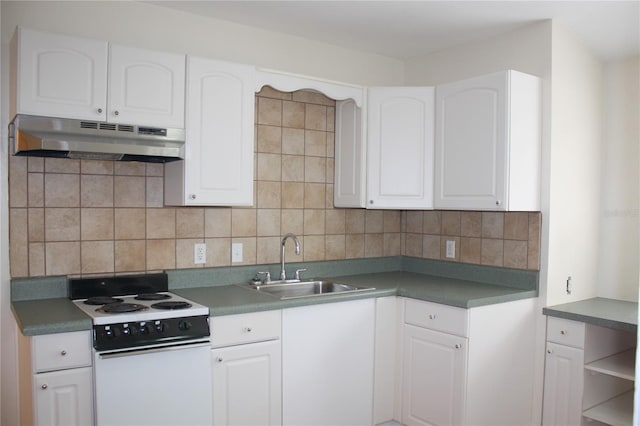 kitchen featuring electric range, backsplash, and white cabinetry