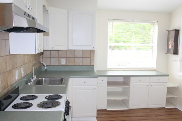 kitchen with decorative backsplash, dark hardwood / wood-style flooring, white cabinetry, white electric range, and sink