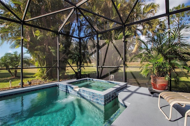 view of pool featuring an in ground hot tub and a lanai