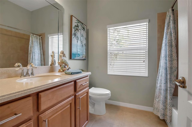 full bathroom with vanity, toilet, shower / bath combo, and tile patterned floors