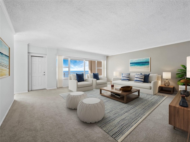 living room with a textured ceiling, light colored carpet, and ornamental molding