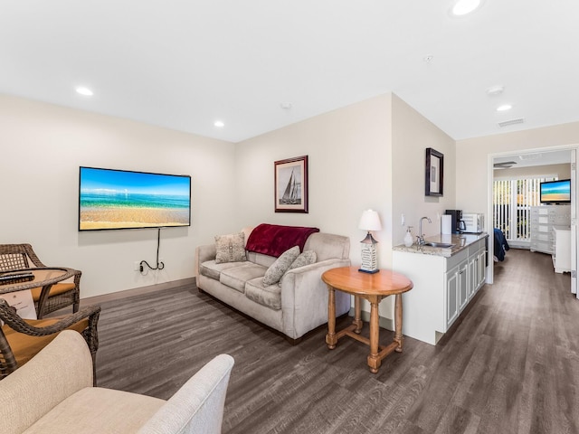 living room with dark hardwood / wood-style flooring and sink