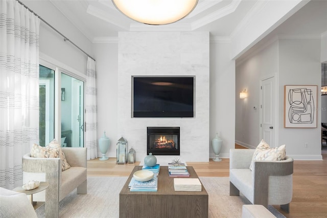 living room with a large fireplace, ornamental molding, and light wood-type flooring