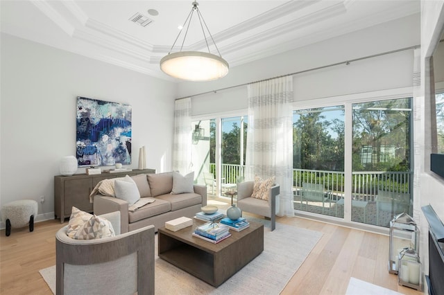 living room with a raised ceiling, ornamental molding, and light hardwood / wood-style flooring