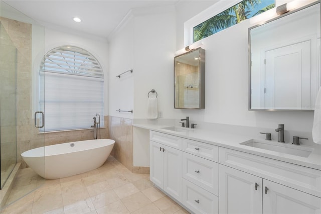 bathroom with vanity, separate shower and tub, tile walls, and a healthy amount of sunlight