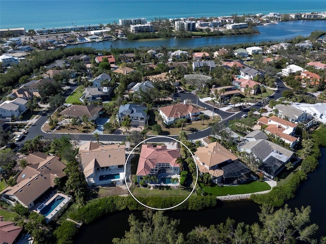 aerial view featuring a water view