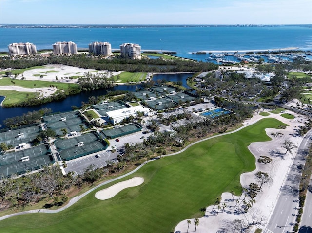 bird's eye view with a water view