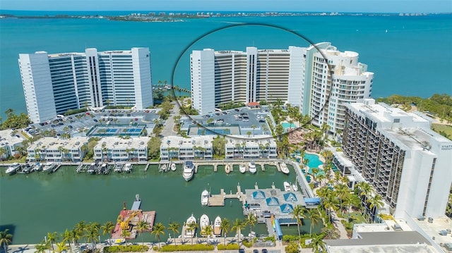 aerial view featuring a water view