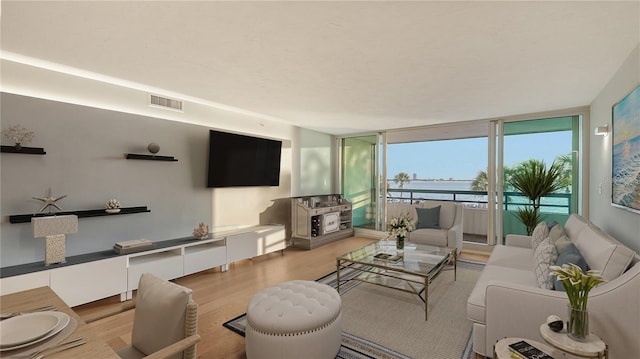 living room with light wood-type flooring and floor to ceiling windows