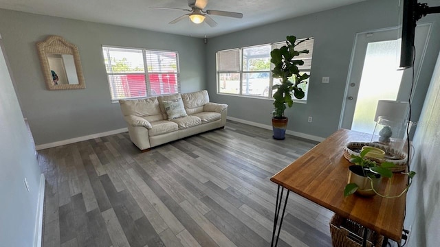 living room featuring hardwood / wood-style floors, plenty of natural light, and ceiling fan