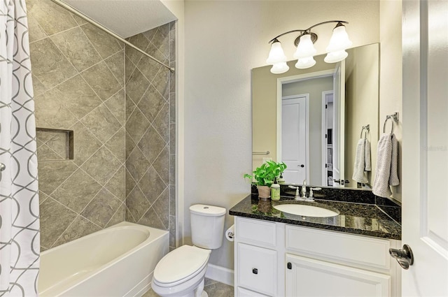 full bathroom featuring vanity, shower / bath combination with curtain, and toilet