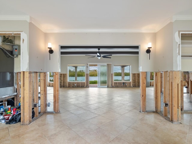 tiled living room featuring crown molding and ceiling fan