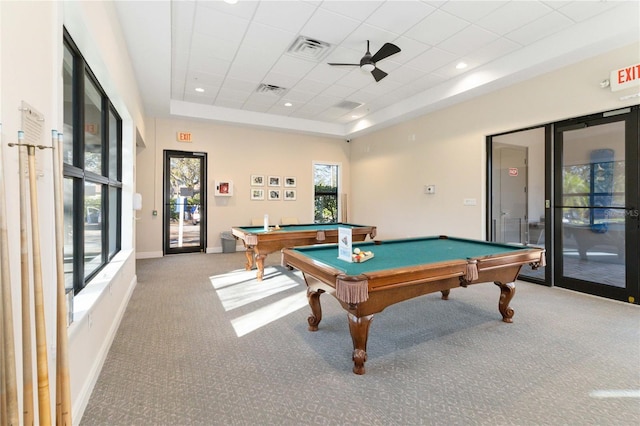 rec room featuring a raised ceiling, carpet flooring, ceiling fan, and billiards