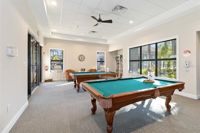 playroom with a paneled ceiling, billiards, carpet, ceiling fan, and a tray ceiling