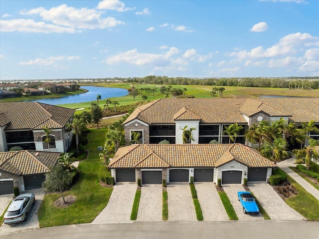 aerial view featuring a water view