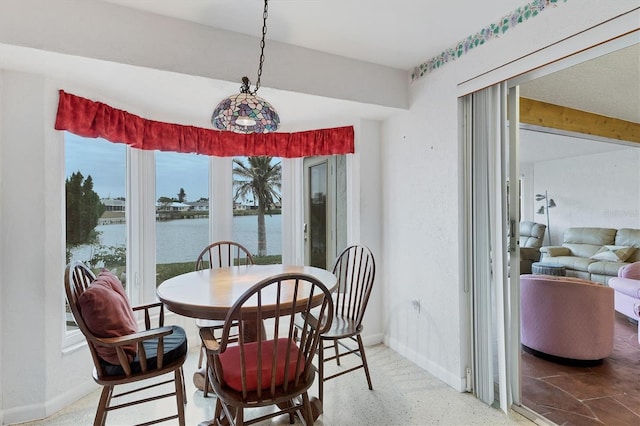 dining space with a water view