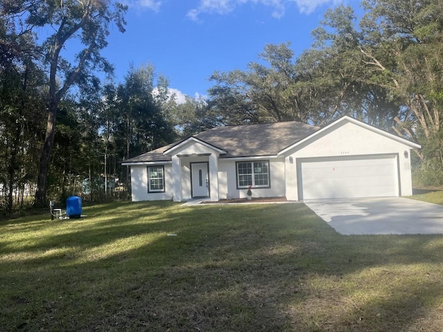 single story home featuring a front yard and a garage