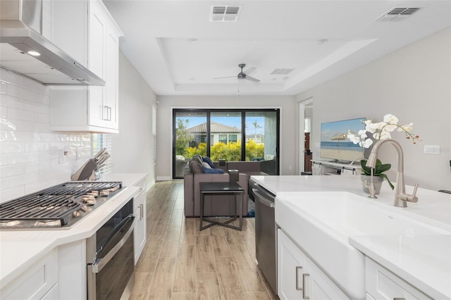 kitchen featuring ceiling fan, white cabinetry, stainless steel appliances, wall chimney range hood, and a raised ceiling