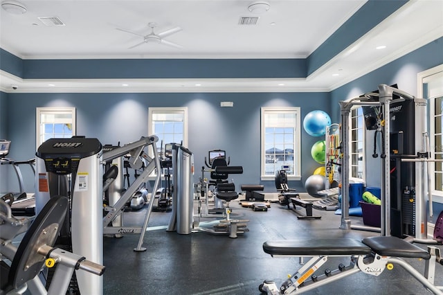 workout area with ceiling fan