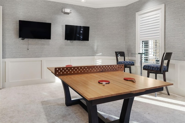 game room featuring carpet and crown molding