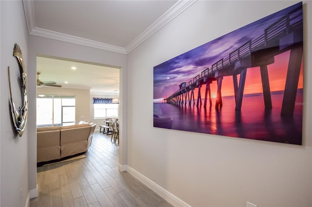 hallway with hardwood / wood-style floors and ornamental molding