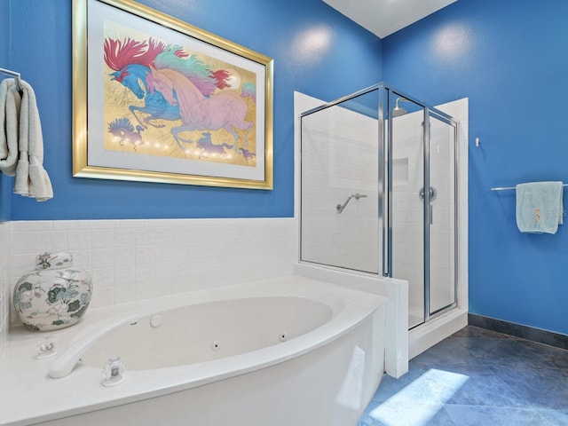 bathroom featuring tile patterned floors and plus walk in shower