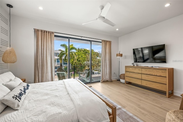 bedroom featuring access to exterior, ceiling fan, and wood-type flooring