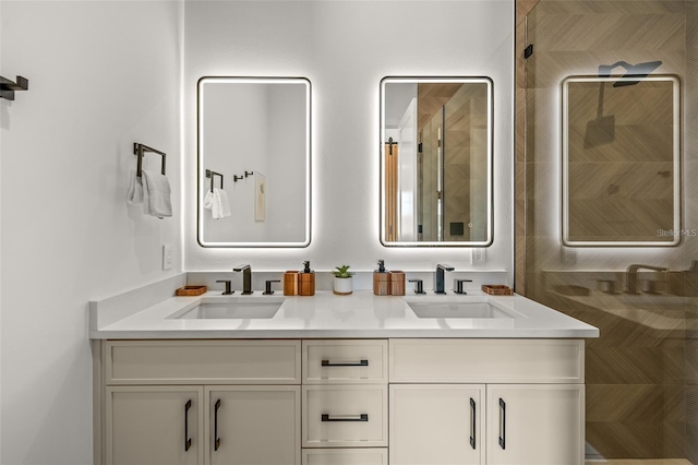 bathroom featuring vanity and walk in shower