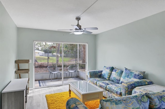 living room with light hardwood / wood-style floors and ceiling fan